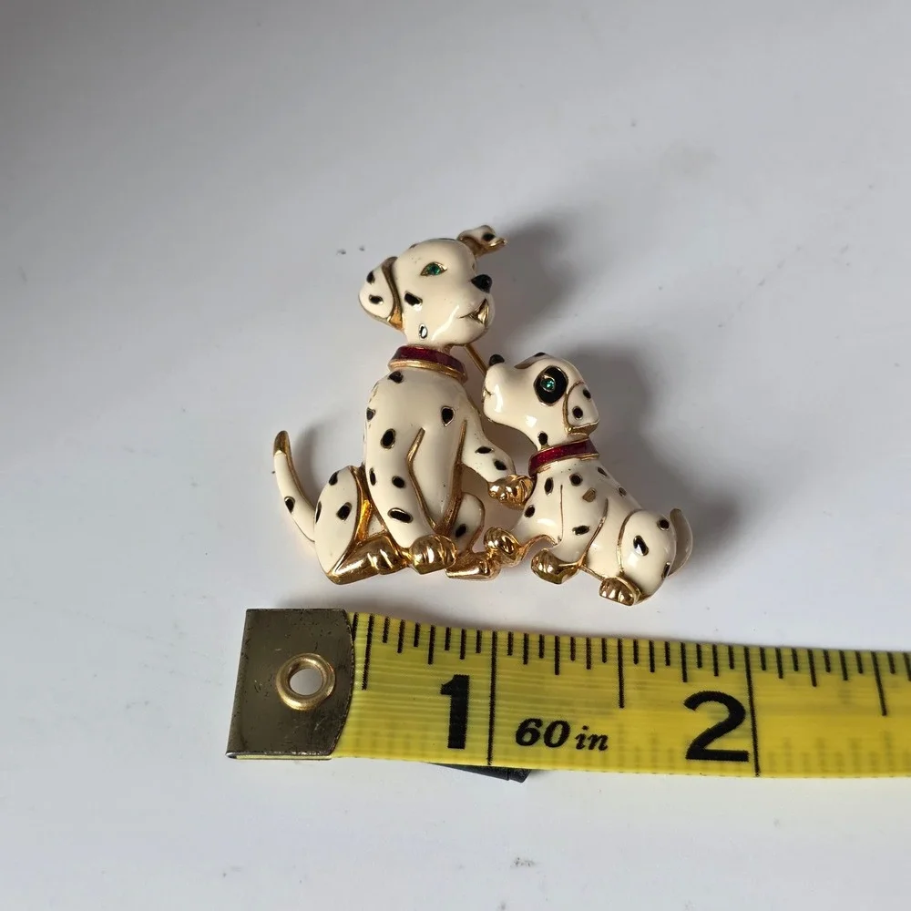 Vintage Dalmatian Dog and Puppy Enamel Brooch Gold Tone Animal Pin White Black